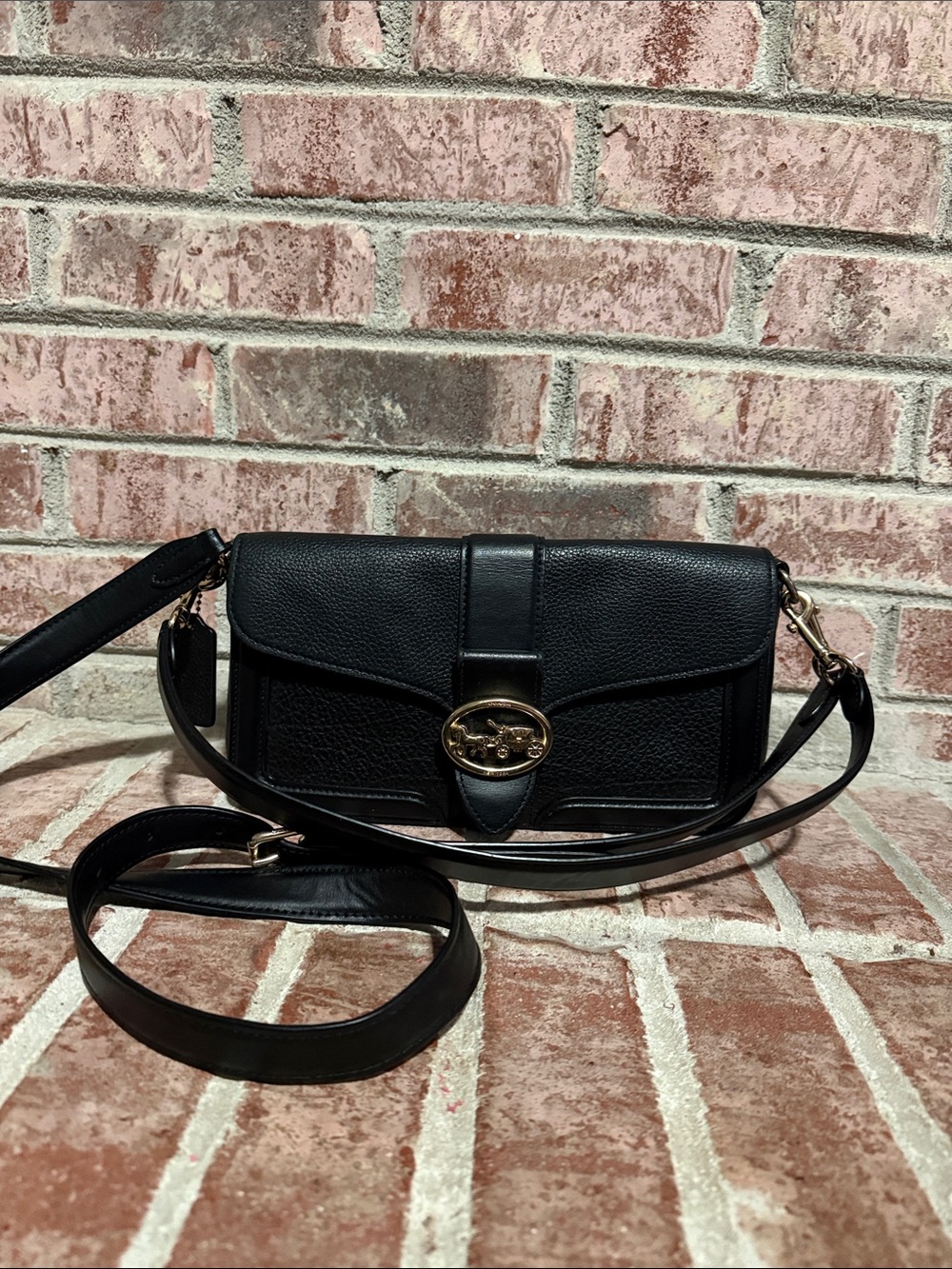 Coach “georgie” Black Leather Crossbody Shoulder Bag with Gold Hardware